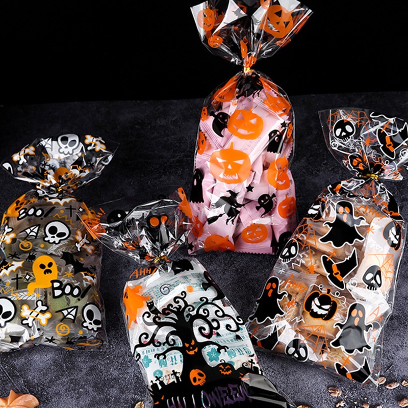 50pcs / set Tas Permen / Kue / Snack Warna Bening Untuk Dekorasi Pesta Halloween