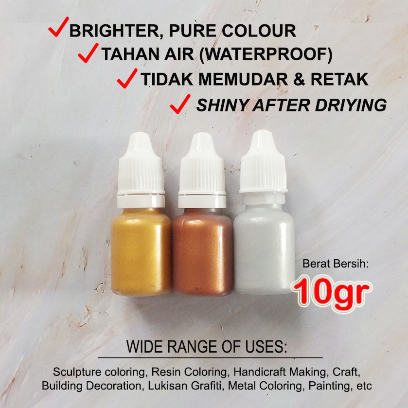 

Cat Akrilik Premium Gold Silver Bronze 10gr Cat Decoupage Cat Acrylic Metalik Pigment Pewarna Resin