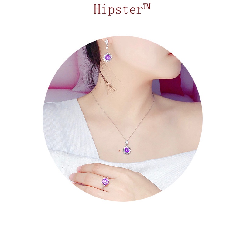 Hot Sale Fashion Amethyst Rings Pendants Stud Earrings Amethyst Necklace Set