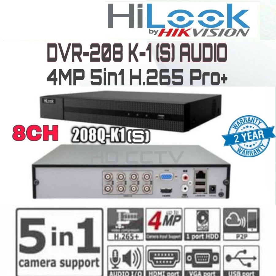 DVR HILOOK by HIKVISION 4MP 8 CHANNEL 208Q-M1(s) SUPPORT AUDIO