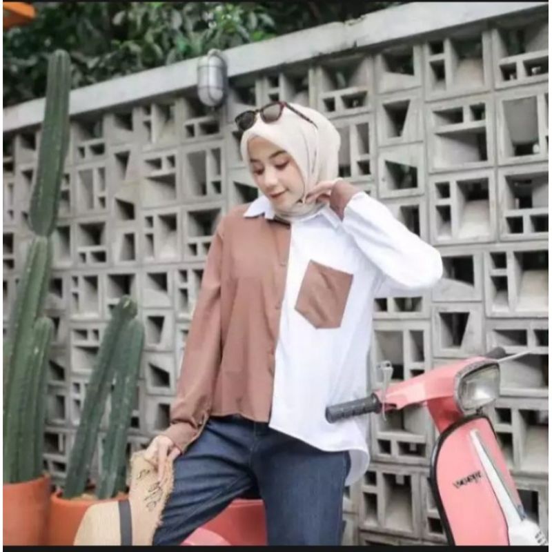 Kemeja Wanita Atasan Blouse Casual Polos Kombinasi Warna Lengan Panjang Baju Cewe Model Pinguin-5