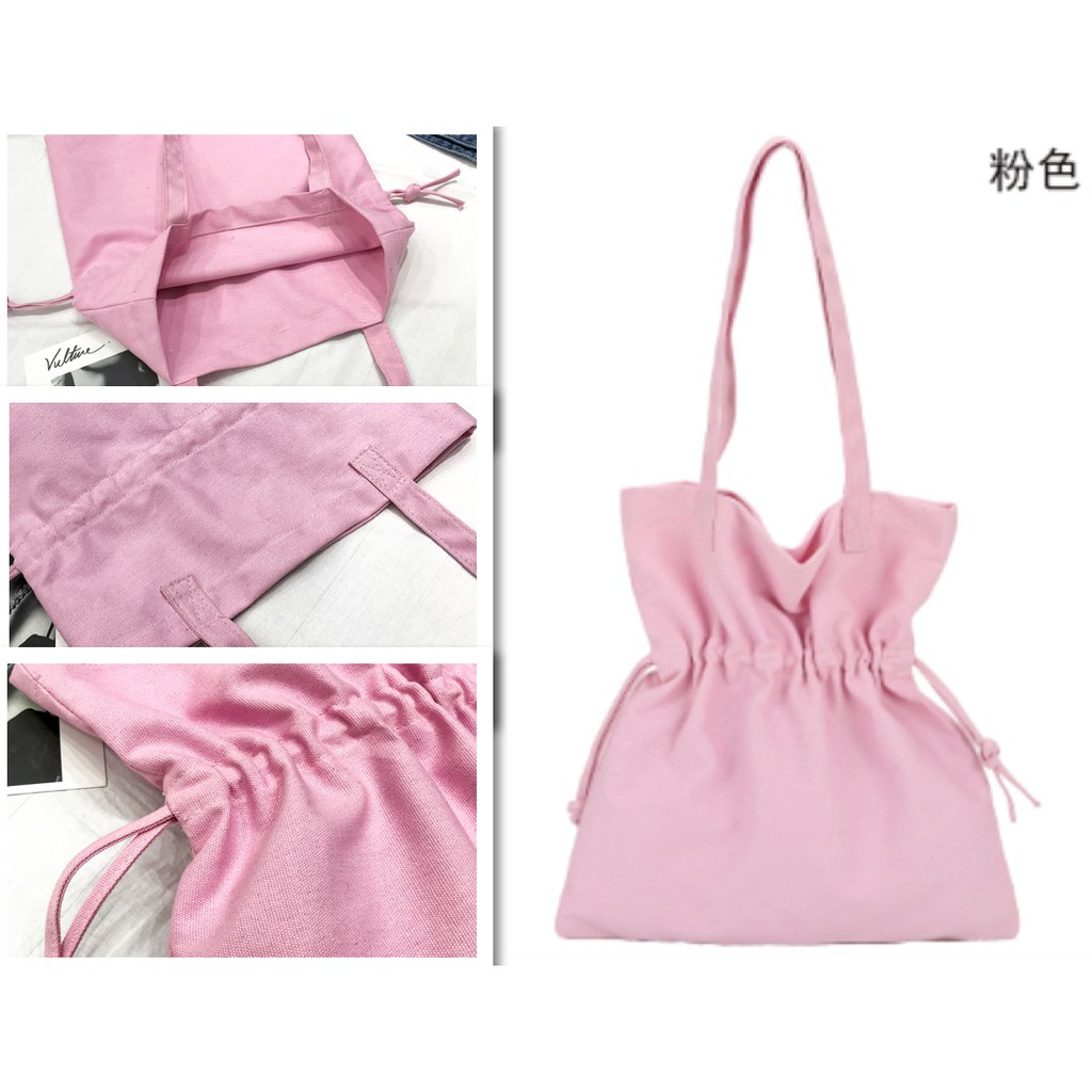 SALE LJY10 Tas Tote Wanita Korea Serut Tengah Kanvas Polos Warna Draw String Color TKM