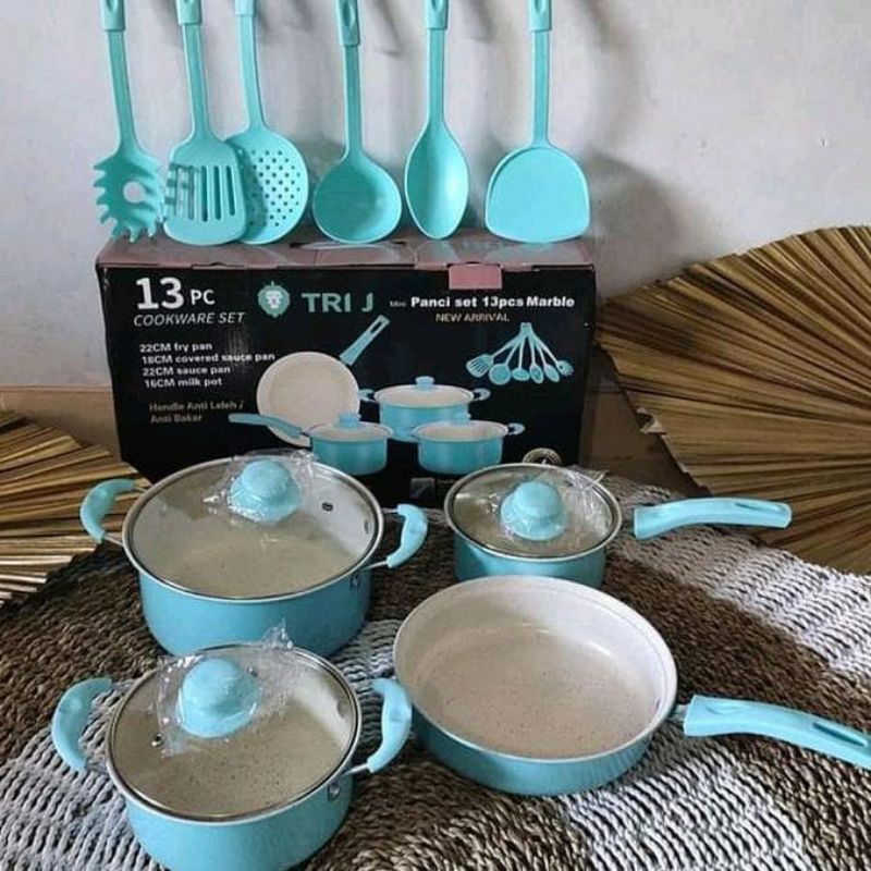 Panci Set 13 Pcs Cookware (Panci+Frypan+Spatula Set) Biru Muda