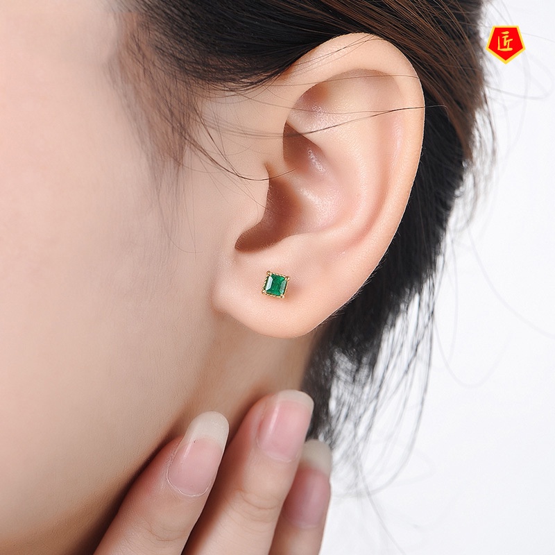 [Ready Stock]New 18K Gold Emerald Stud Earrings Exquisite