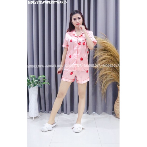 MDLV ~ BAJU TIDUR SATIN STRAWBERRY GARIS PINK HOTPANTS BAJU TIDUR IMPORT CEWEK BEST SELLER