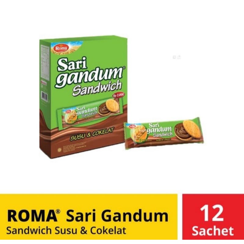 

ROMA SARI GANDUM SANDWICH SUSU & COKLAT (KEMASAN KOTAK) 1 KOTAK ISI 12 PCS