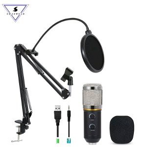 New Paket Condenser Microphone MK F200TL Black Silver 3 5mm Volume Control dan Echo Plus Stand Mic