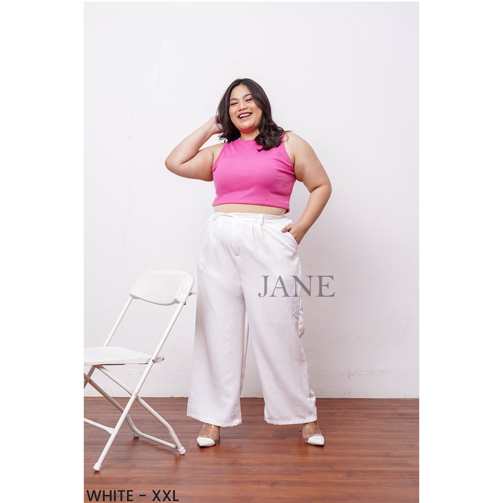 JANE COLLECTION || Celana Kain Formal Kerja Wanita Kulot High Waist Fashion Celana Panjang Jumbo Kantor Korea Bahan Pinggang Karet Kancing - Korean Longpants Ara BIGSIZE M L XL XXL Hitam Putih Olive Khaki Cream Choco