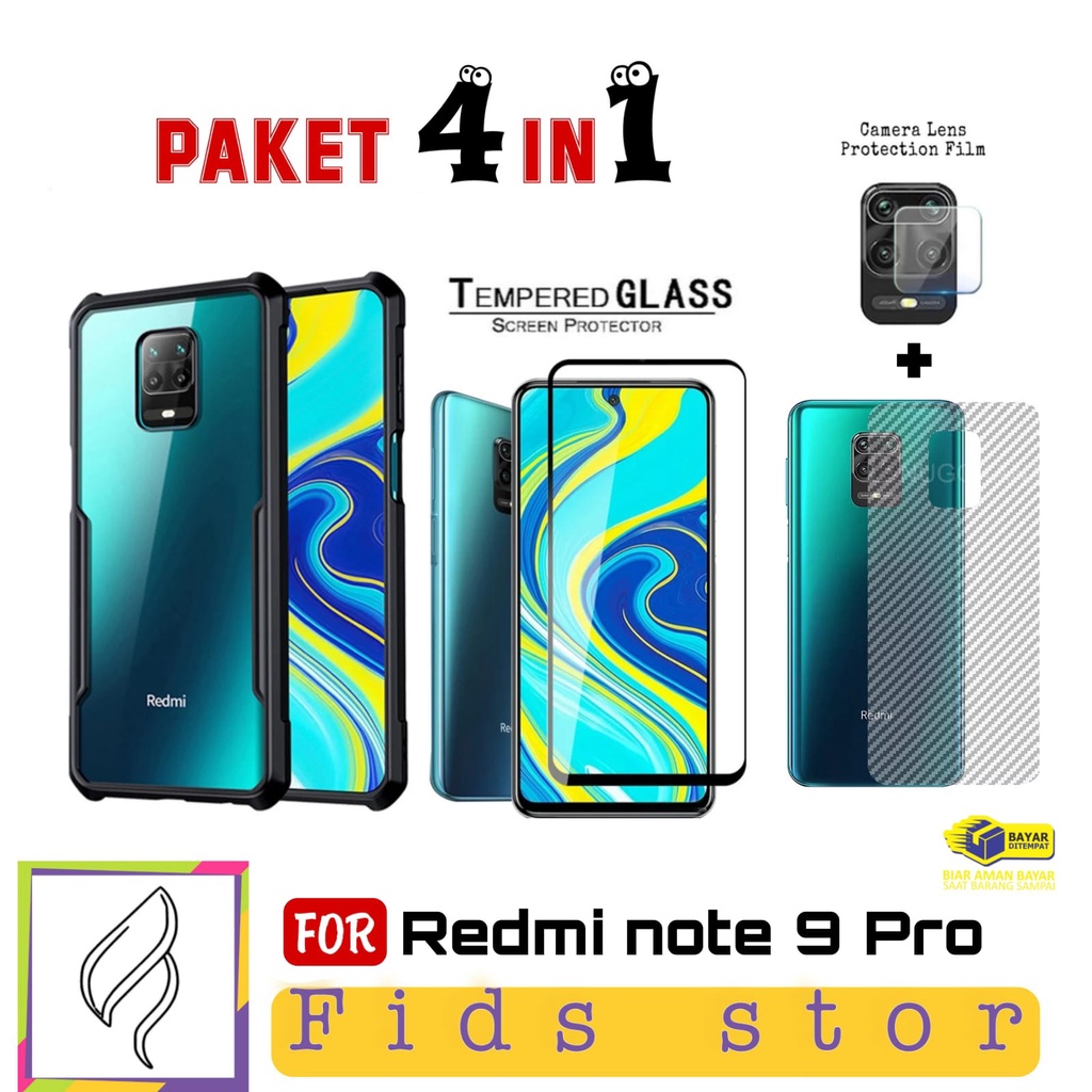 PROMO 4in1 Redmi note 9 Pro / Redmi Note 9 Case Shockproof + Tempered Glass + Anti Gores CAMERA Free GARSKIN Carbon