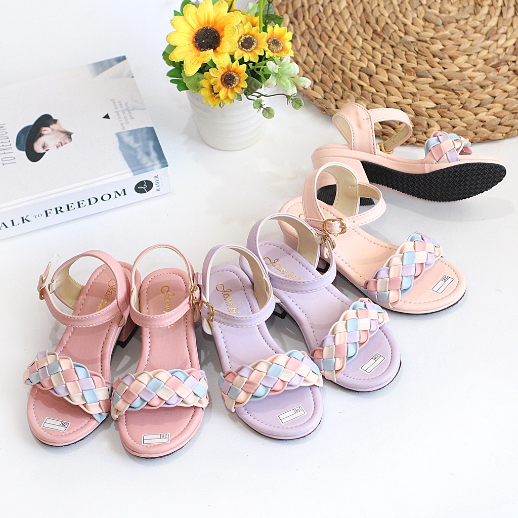 Sandal Heels Anak Perempuan Motif Kepang Tali Belakang Hak Tahu Tinggi 3 Cm