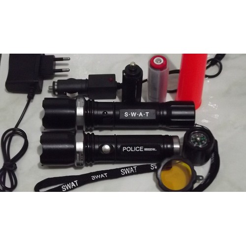 Senter Tempur POLICE - SWAT 99000W / 99000 W / 99.000 Watt + Lensa Kuning / Lampu Kabut + Baton