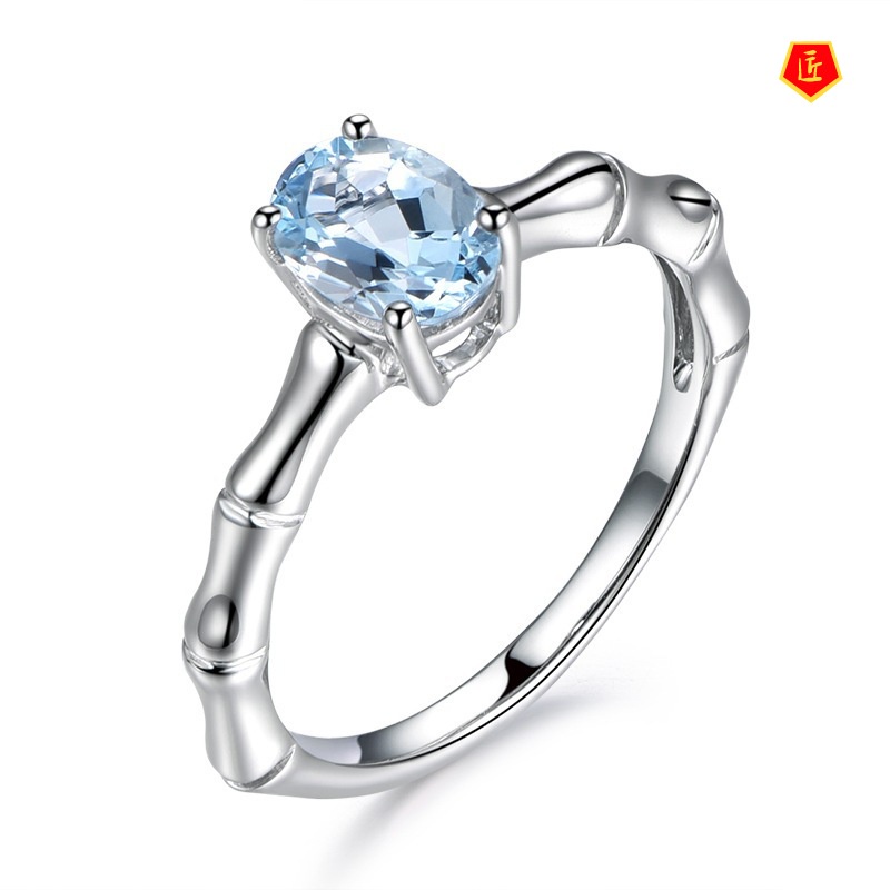 [Ready Stock]Temperament Creativity Silver Bamboo Joint Aquamarine Ring