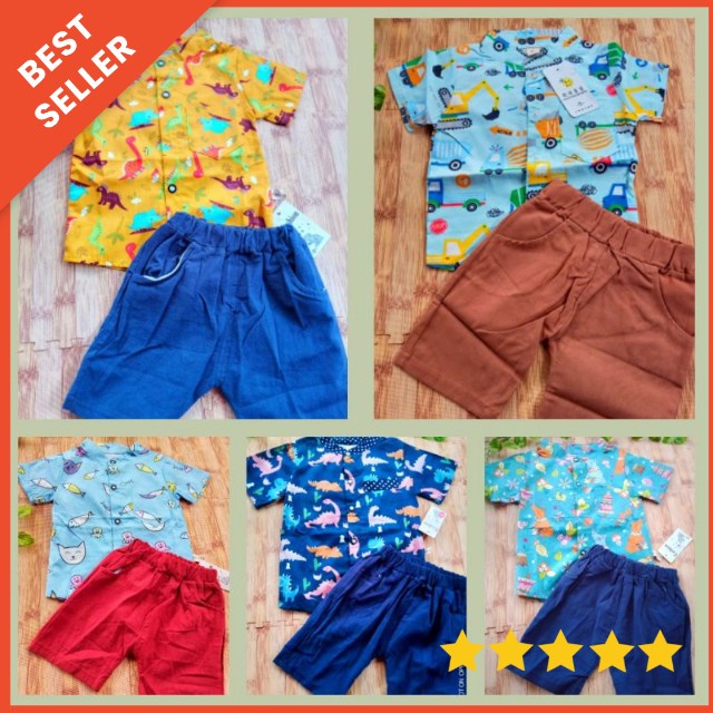 [0-4 Tahun] SETELAN KEMEJA IMPORT CELANA JEANS PENDEK BAJU ANAK LAKI DINO ROBOT TREX DINOSAURUS BAYI COWOK KARAKTER KARTUN / SETELAN KEMEJA ANAK LAKI LAKI TERMURAH TERLARIS