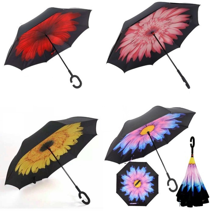 Payung Terbalik Kazbrella / Payung Unik Kazbrella / Payung Terbalik Gagang C Motif Bunga Yang Keren