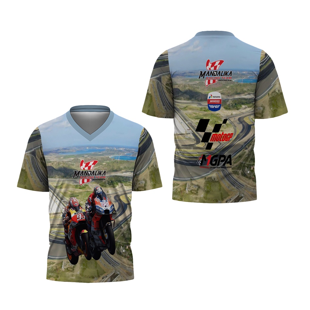 Fikastore - Kaos Mandalika Kerah V-Neck / Kaos Pria Motif Mandalika Moto GP FullPrint