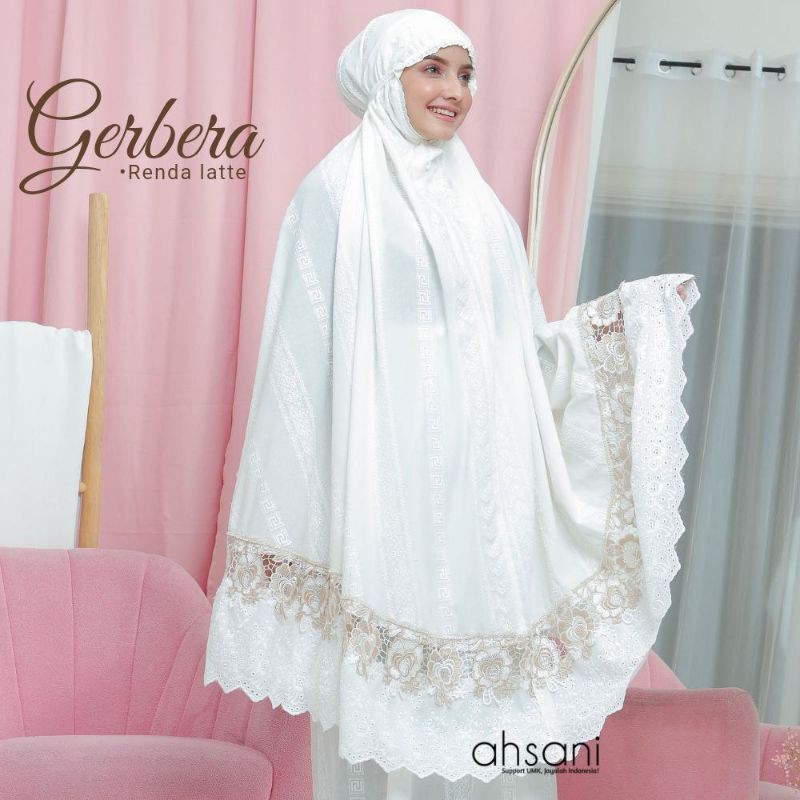 MUKENA AHSANI DEWASA KATUN PUTIH RENDA LATTE - GERBERA