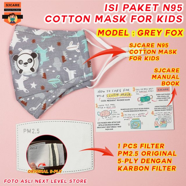 SJCare Masker Anak Premium Kids Katup Respirator FREE FILTER PM 2.5 - Grey Fox