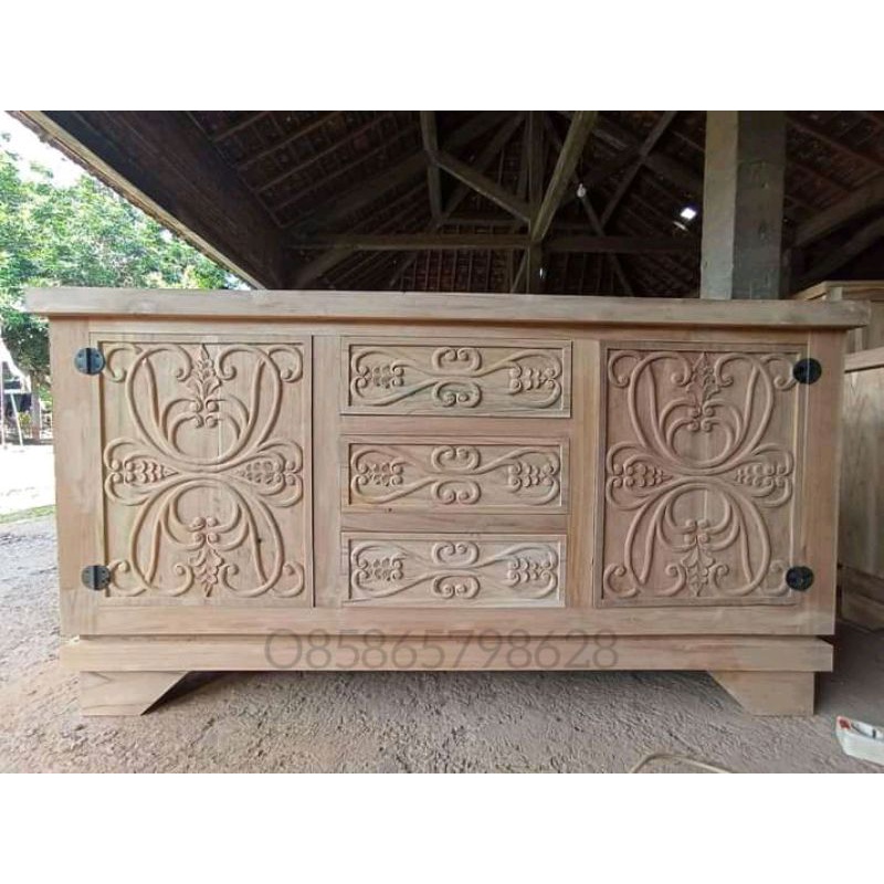 Bufet TV Minimalis Full Kayu Jati Mentahan | bufet ukir kayu jati | meja aquarium kayu jati