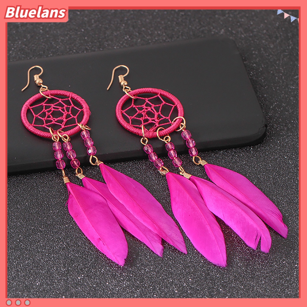 Bluelans 1 Pasang Anting Juntai Desain Dream Catcher Hollow Out Aksen Bulu Gaya Etnik Bohemia