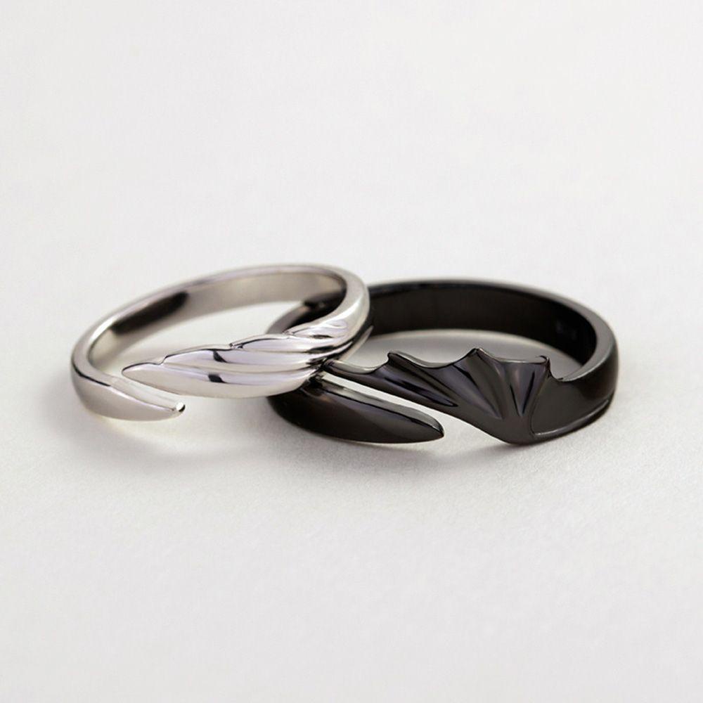 ❈ROWAN❈ Adjustable Angel And Devil Hip Hop Valentine's Day Couple Rings Rings For Women Party Fashion Jewelry Wing Feather Rings For Men Lovers Gifts Opening Ring/Multicolor