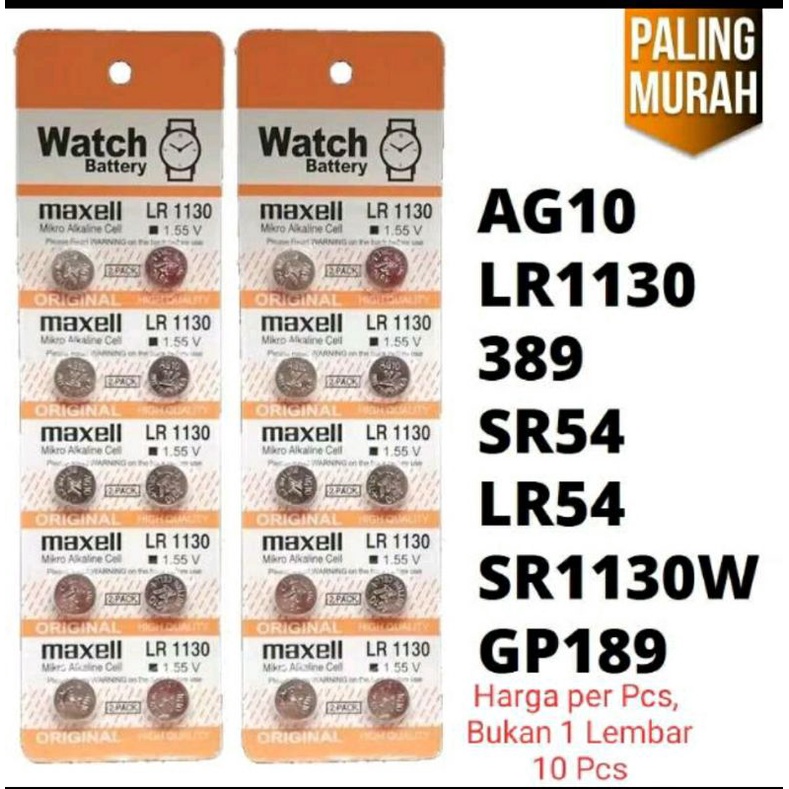 Baterai Batre Kancing Battery Jam Tangan Maxell Akaline AG10 LR1130 LR 1130 SR54 LR54 GP189 Tutup Pe