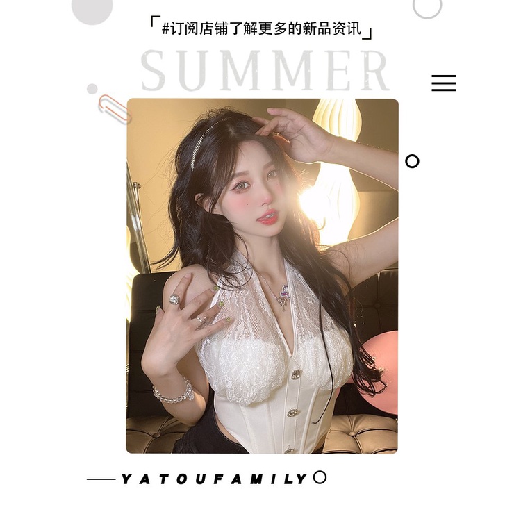 #Sisjuly# Wanita halter neck renda kamisol rompi wanita musim panas atasan kemeja bottoming pendek d