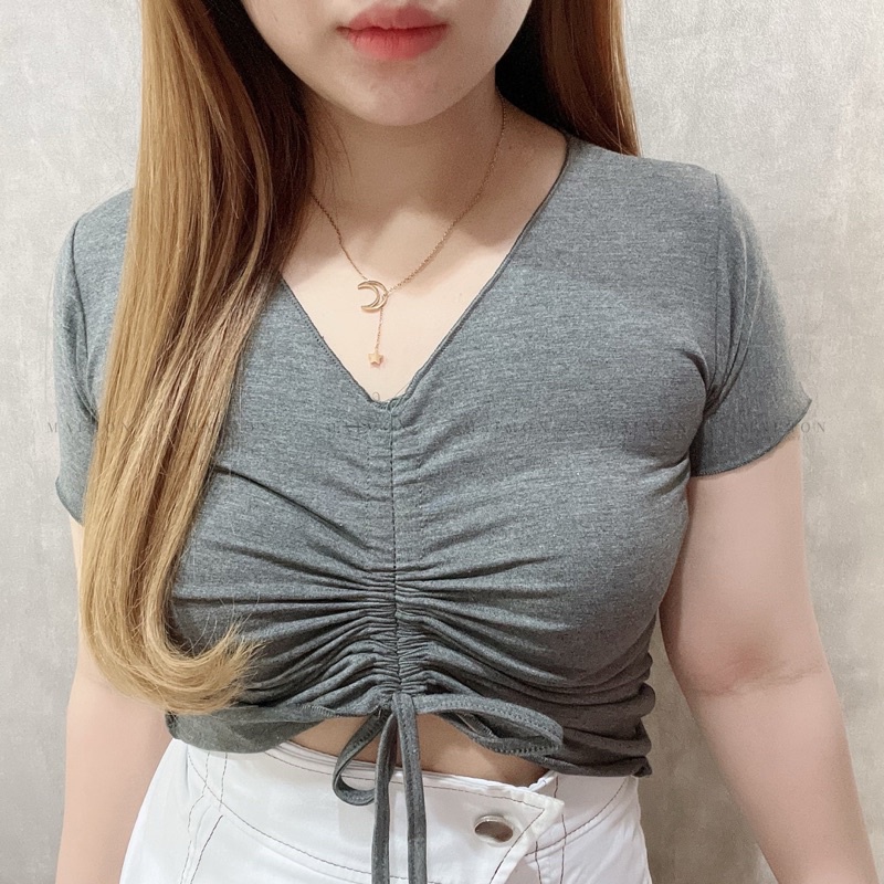 Baju Kaos V-Neck Tali Serut Wanita Korea Fashion | Maimon Grosir