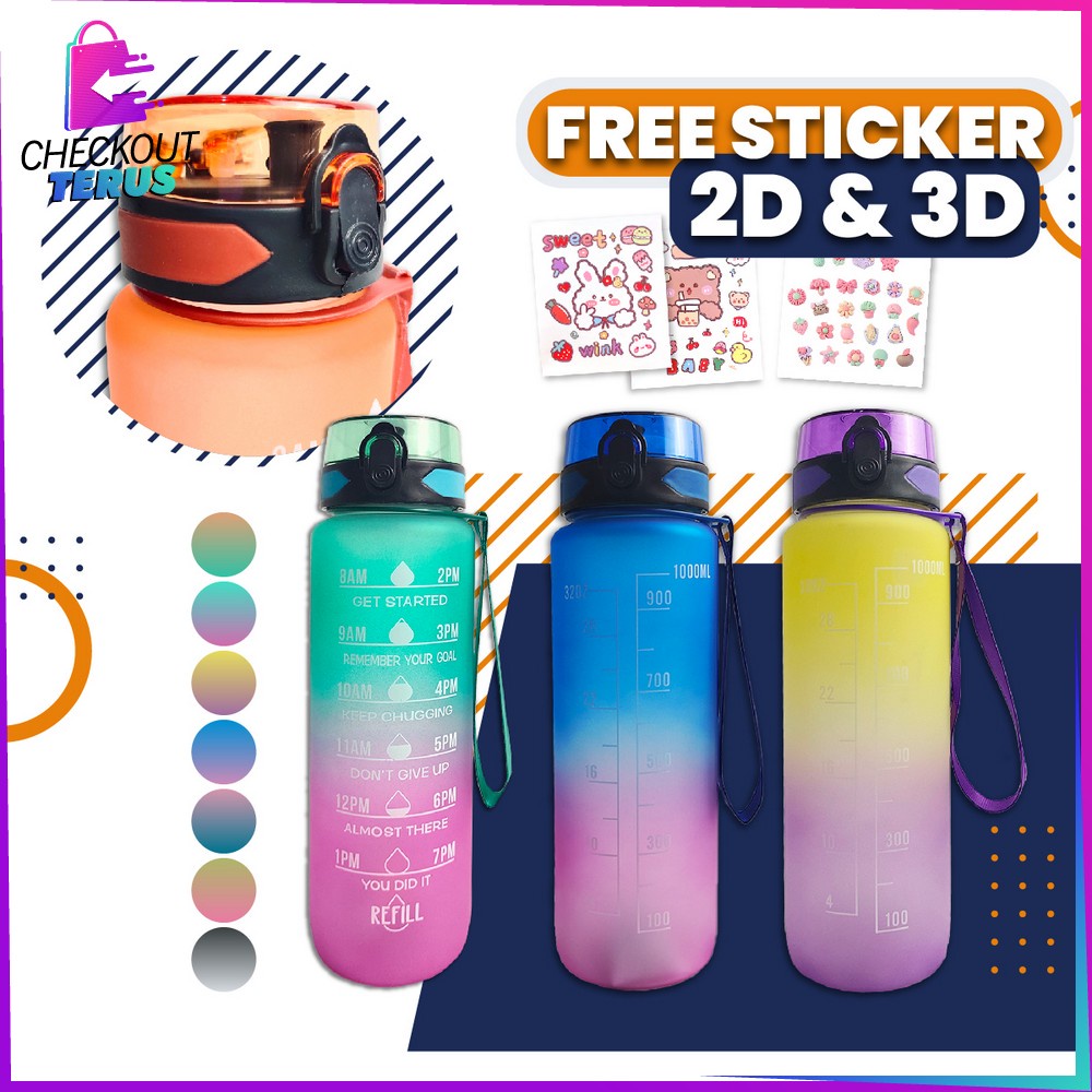 CT C407 Botol Minum 1 Liter Gradasi BPA FREE Tumbler Olahraga Unik Dengan Penanda Waktu Botol Sport Motivation