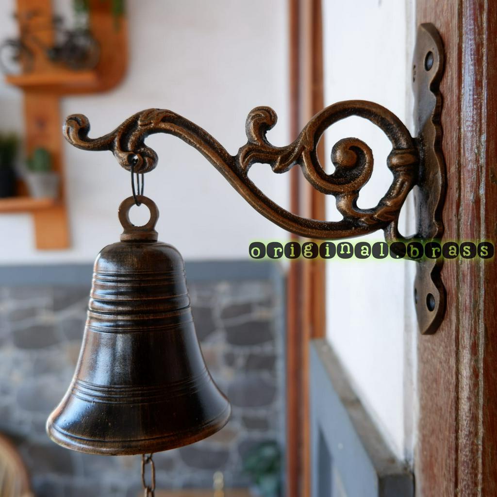 Bel Pintu Rumah Tangkai Ukir Panjang 15cm Lonceng Kuningan Diameter 8cm