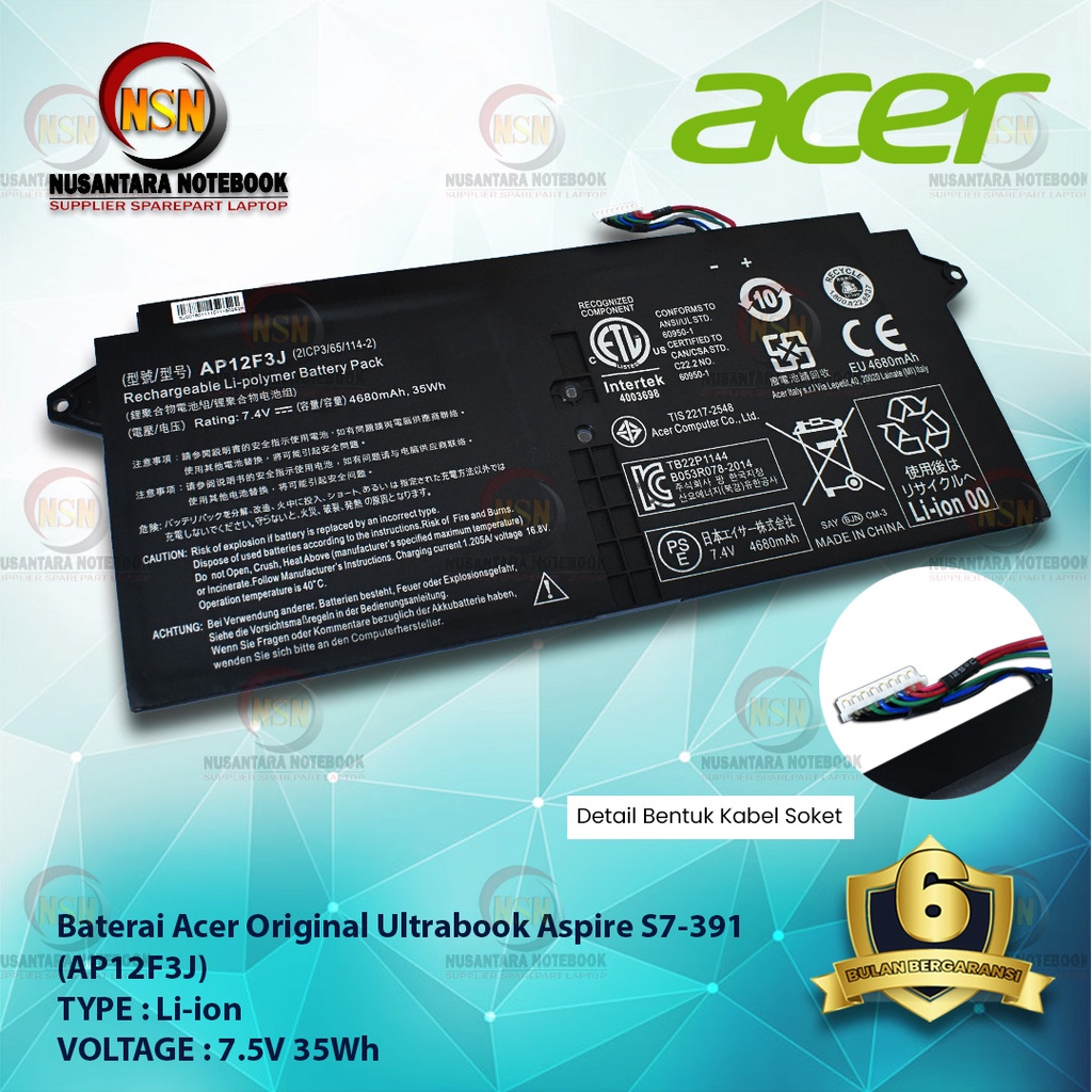 Baterai Acer Original Ultrabook Aspire S7-391 AP12F3J