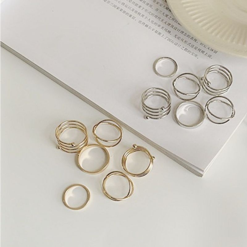 Set (6 buah) Cincin Geometri Aneka Bentuk Silang Spiral Flat Geometric Ring Bahan Alloy Fashion Korea Korean Ring Gaya Punk