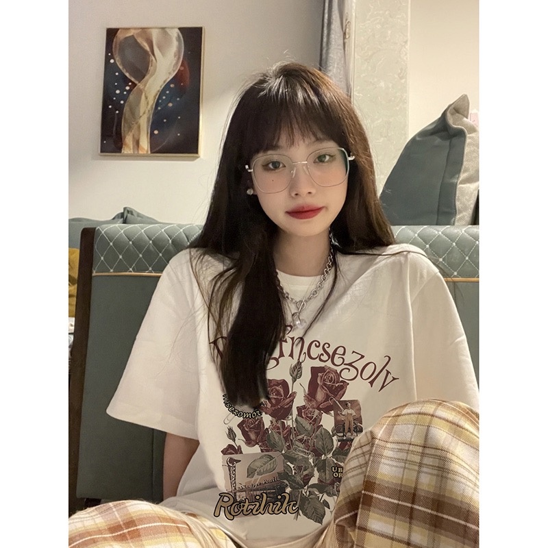 atasan wanita retro lengan pendek t shirt atasan warna putih korean style kaos oversize