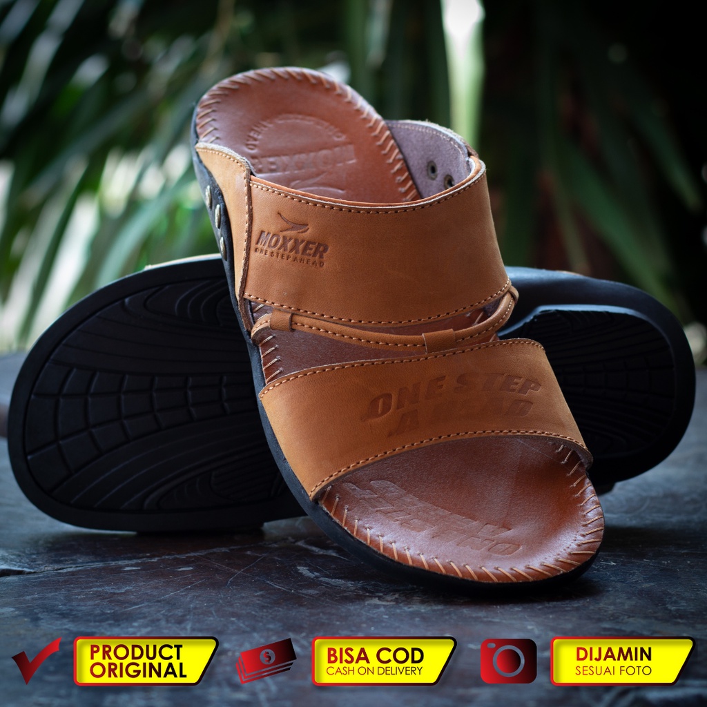 SANDAL KULIT ASLI BAN 2 TALI MOXXER SLOP KULIT ASLI PRIA SLIP ON SELOP TERBARU - SM03