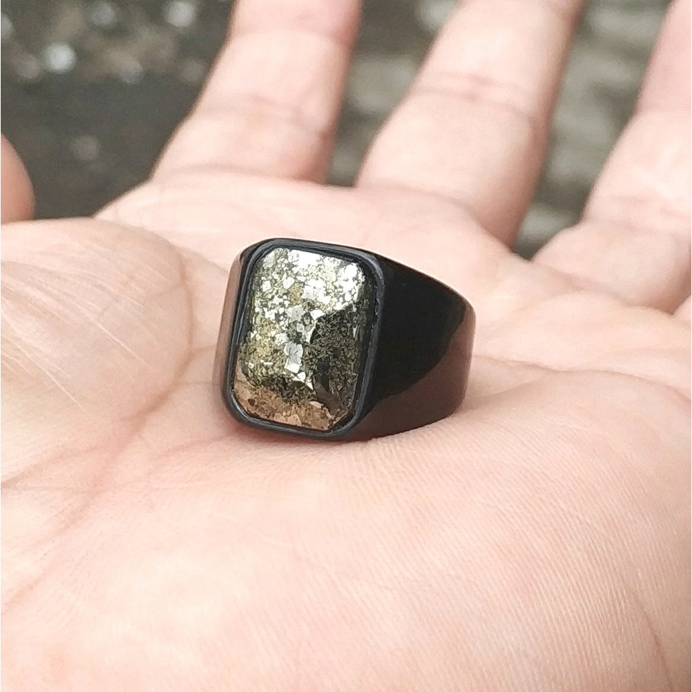 CINCIN BATU AKIK NATURAL BADAR EMAS PYRITE MINIMALIS TITANIUM OCTAGON