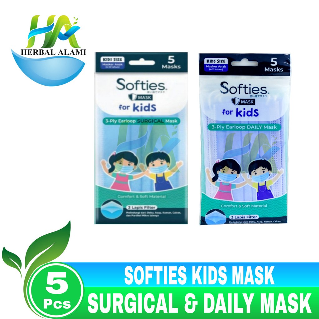Masker anak Softies For Kids 3 Ply Earloop Daily / Surgical Mask isi 5pcs