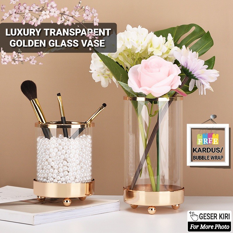 TBI Vas Bunga Kaca Emas Transparan Luxury Golden Flowers Vase Pot Bunga