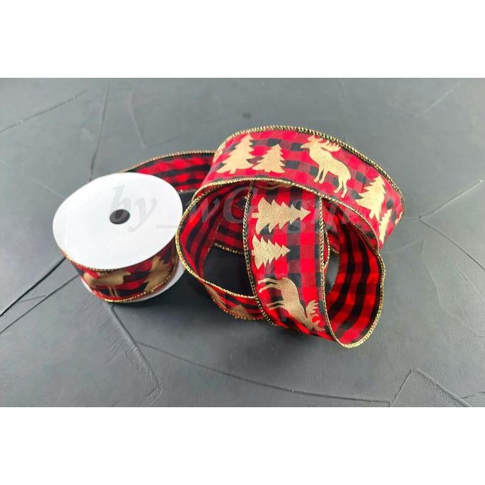 

@=@=@=@=] Pita Natal Christmas -MerahHitam KotakKotak -Rusa Xmas TreeGold; 6.3cm