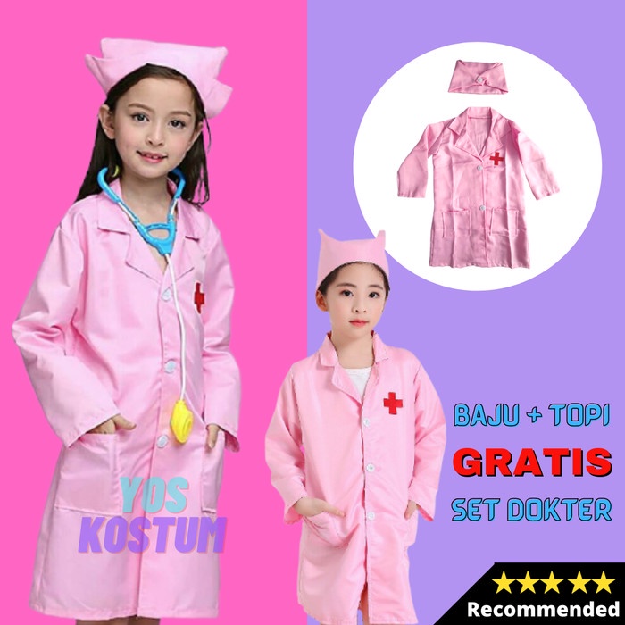 Baju Dokter Anak Perempuan Warna Pink Import Kostum Profesi Suster Set Costume Karnaval Perawat Cilik