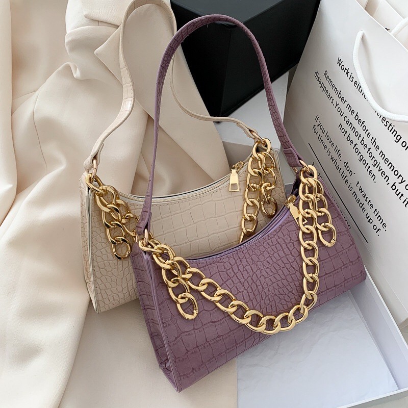 SHOULDER BAG VINTAGE MOTIF KULIT BUAYA ISI RANTAI WARNA LILAC BLACK WHITE / TAS KOREA / TAS IMPORT