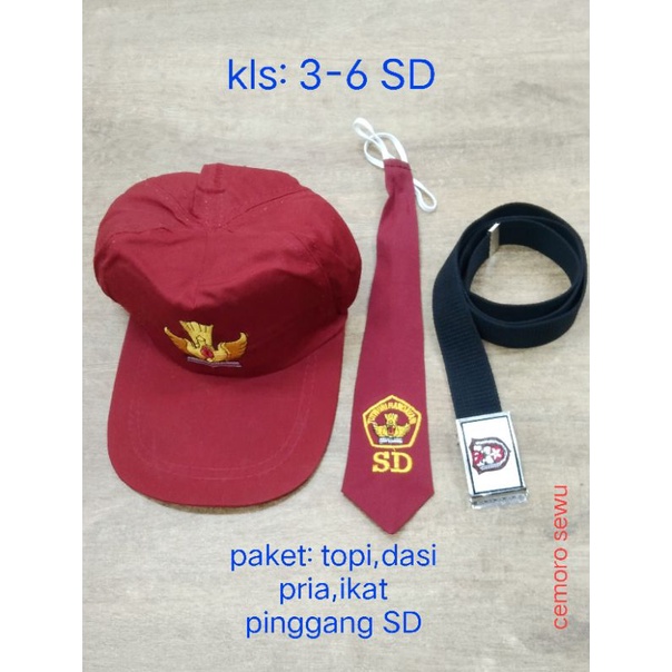 Paket isi topi dasi pria dan ikat pinggang ukuran SD kelas 3 - 6