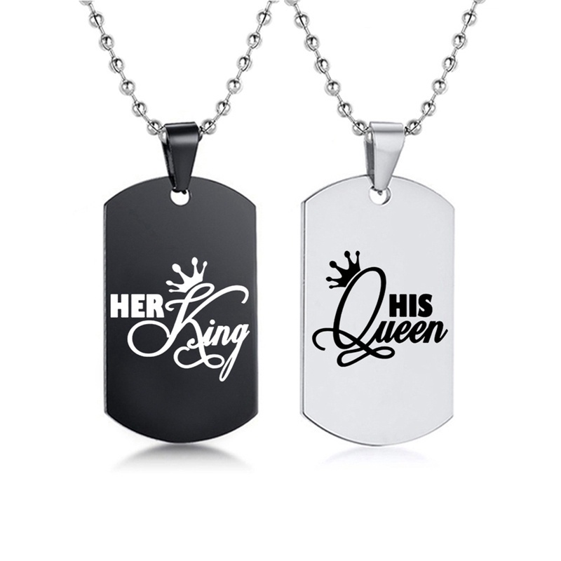 Fancyqube 2pcs / Set Kalung Tag Ukir Tulisan Her King His Queen Warna Hitam Untuk Hadiah Valentine