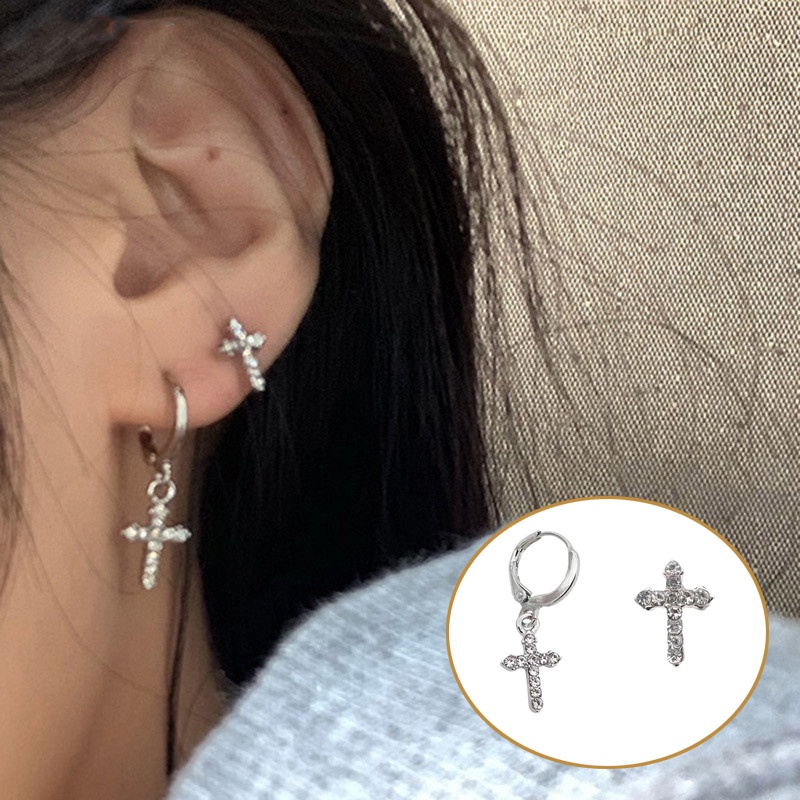 Anting Tusuk Gantung Asimetris Desain Salib Hias Kristal / Zircon Gaya Korea / Gothic / Punk / Hip Hop Untuk Wanita