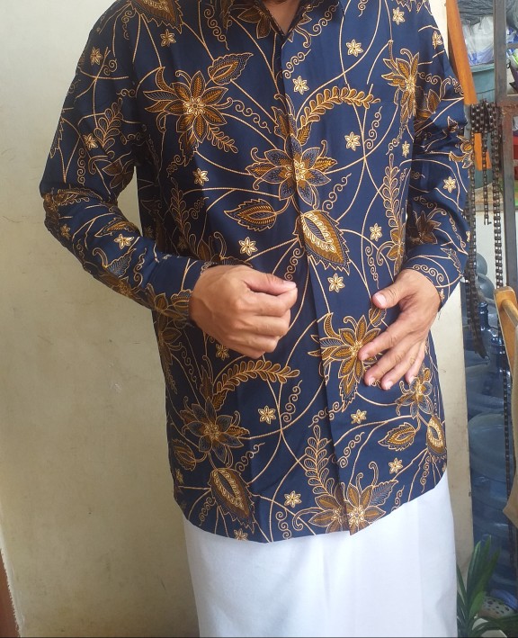 Kemeja Batik Pria Lengan Panjang Kembang Biru Katun Sragenan Full Furing Size M-xxl High Quality