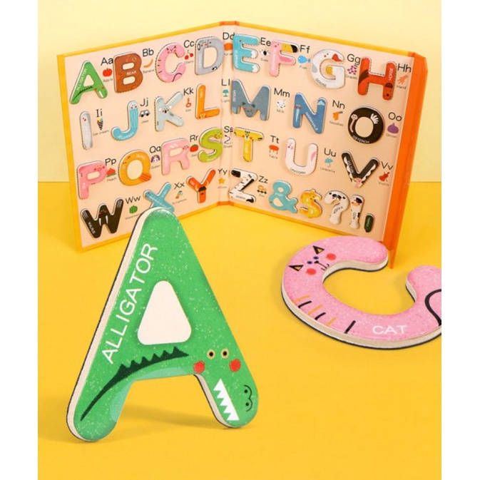 Mainan Edukasi Buku kayu Magnet Puzzle Montessori Mengenal Huruf ABC WOODEN TOYS PAIRING MAGNETIC ALPHABET WIPE CLEAN Kids Toy Magnetic 3D Puzzle Jigsaw Cartoon Animal 26 Letter match Wooden puzzle Educational toys for Children