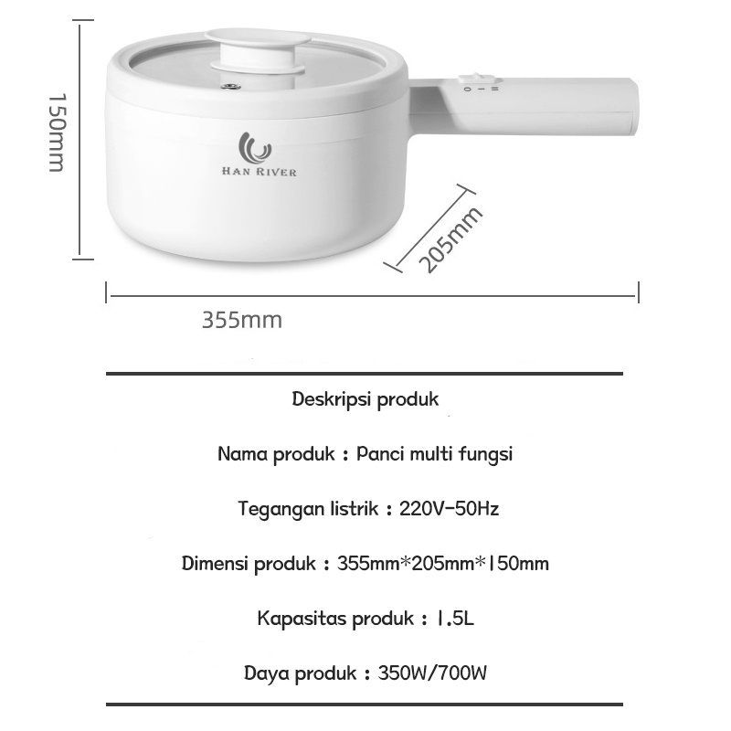 HAN RIVER Panci Listrik 2L Panci Listrik Multifungsi