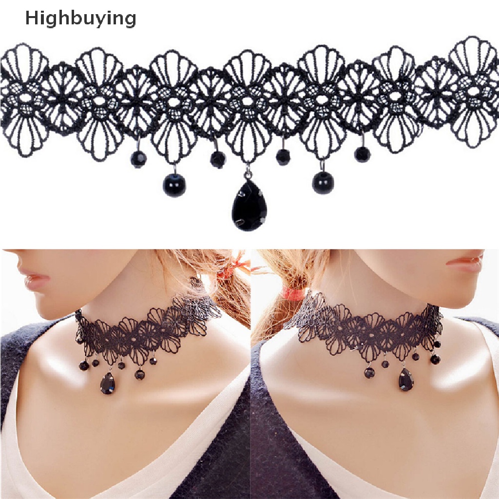 Hbid Kalung Choker Lace Hitam Gaya Gothic Retro Dengan Liontin Bunga Untuk Wanita