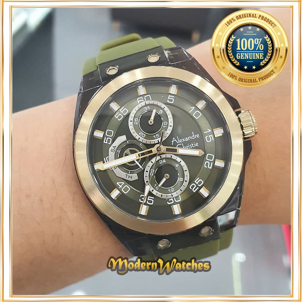 Jam Tangan Pria Alexandre Christie AC 6546 Hijau Army Ijo Green Rubber Strap Terbaru Alexander Sport