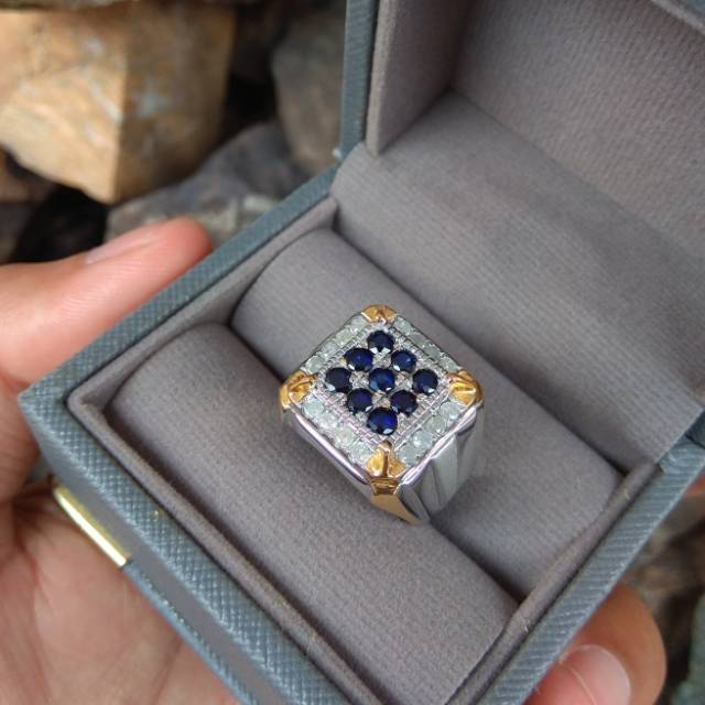 Cincin silver bermata berlian dan natural blue safir asli