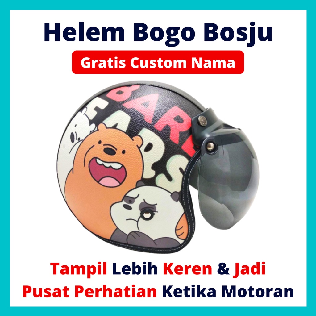 HELM BOGO RETRO KULIT WANITA DEWASA KACA DATAR CLASSIC MOTIF BERUANG LUCU IMUT - HELEM BOGO BOSJU