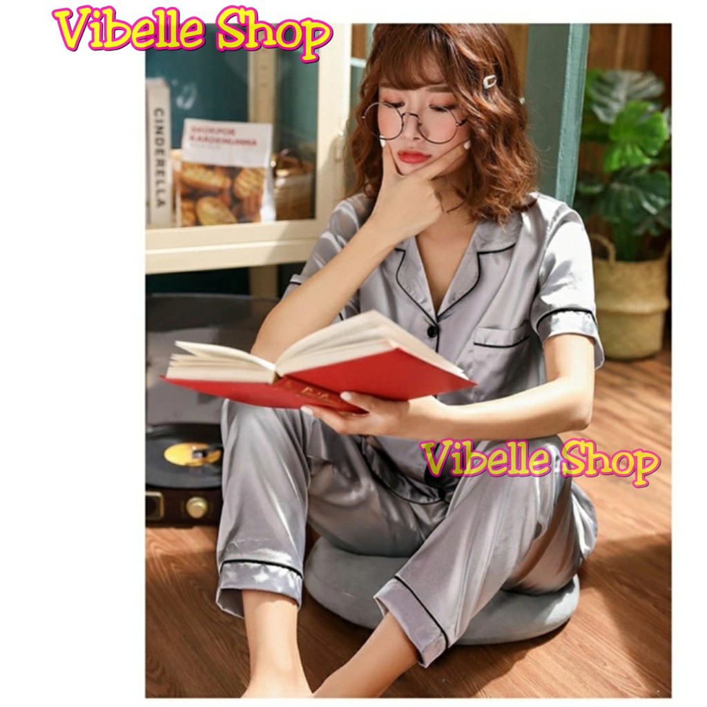 SATINCP - Satin Silky Velvet Premium Vibelle Shop Grosir Baju Tidur CP Piyama Fashion Murah Wanita-Abu Tua